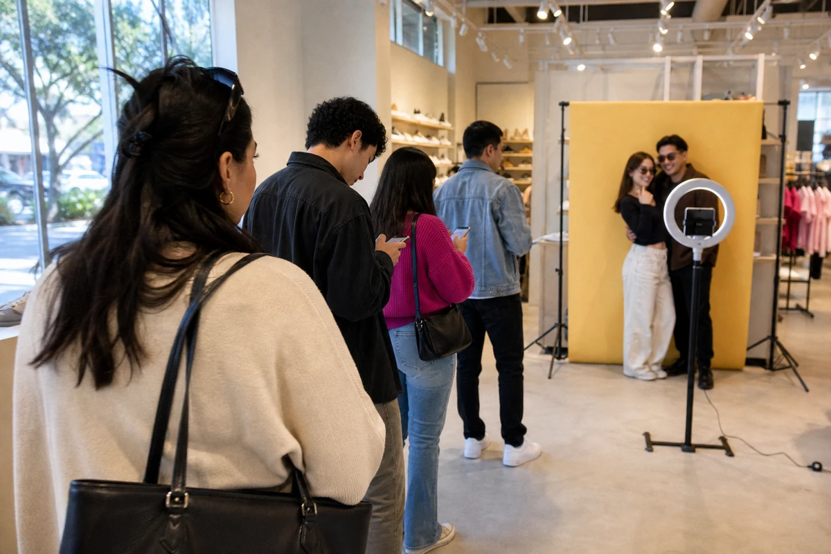 A short line of shoppers waiting their turn at a photo booth while one pair poses in front of a plain backdrop panel.