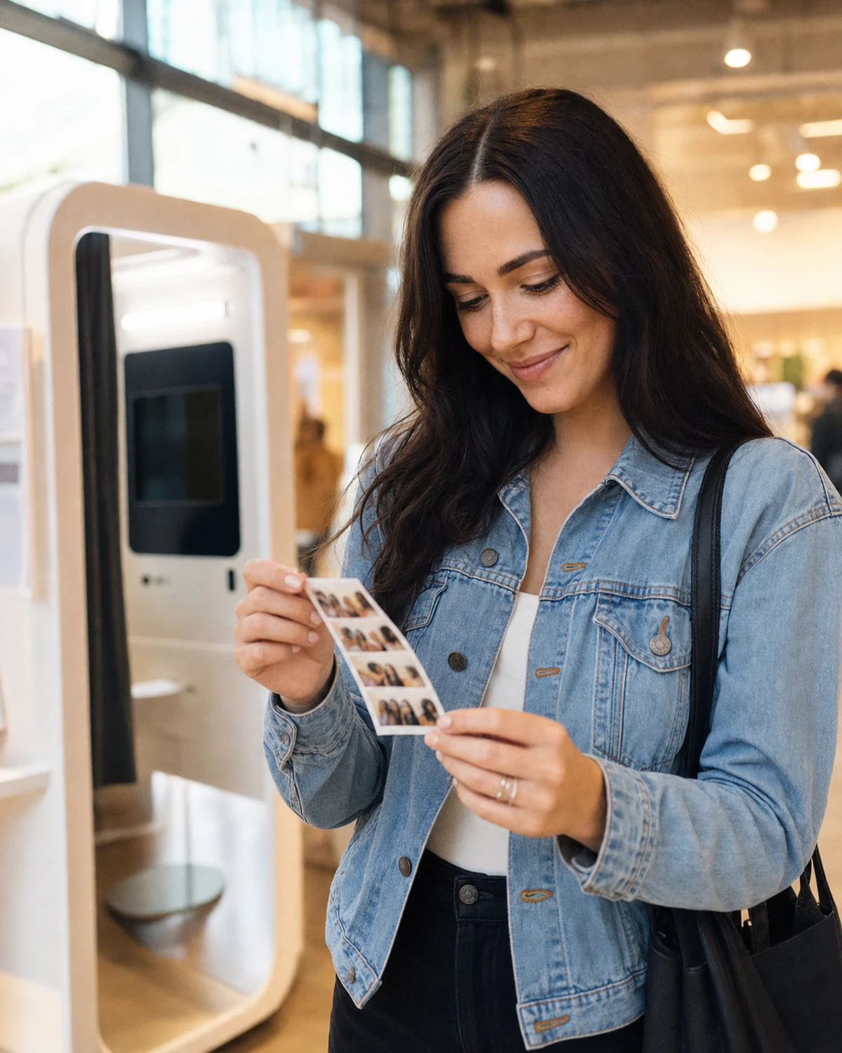 A shopper holding a freshly printed photo strip and smiling after using an in-store photo booth.