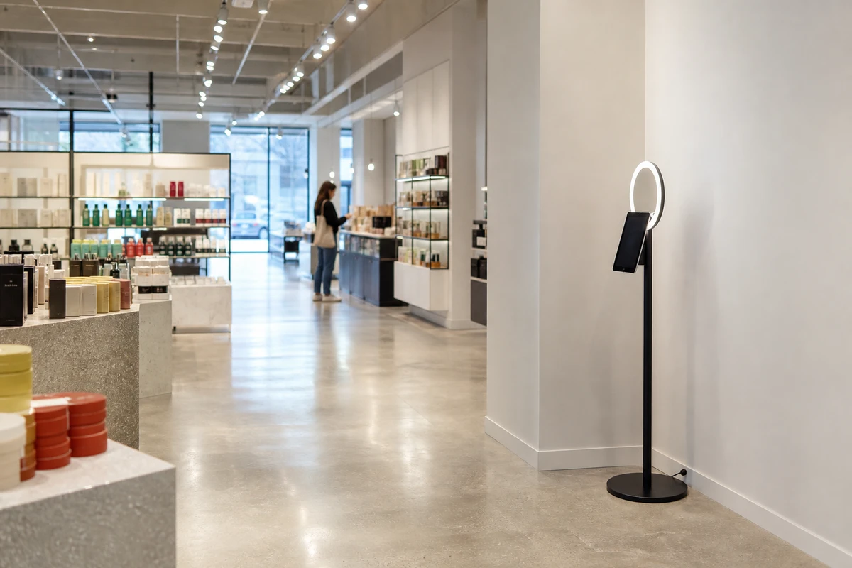 A slim photo booth on a ring-light stand occupying a small corner of a retail store floor, surrounded by open product display fixtures.