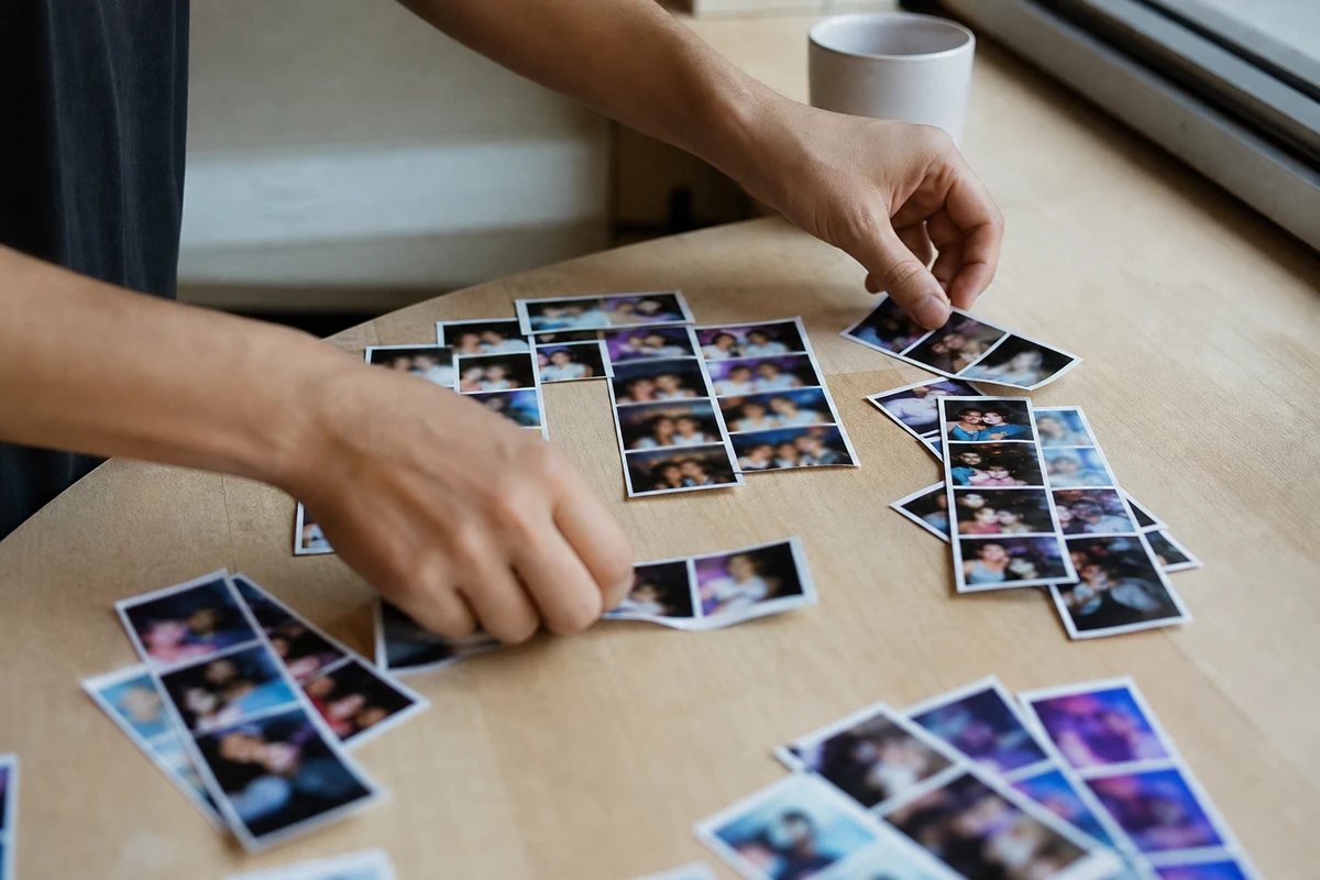An operator's hands sorting a spread of printed customer photo strips into groups on a wood counter.