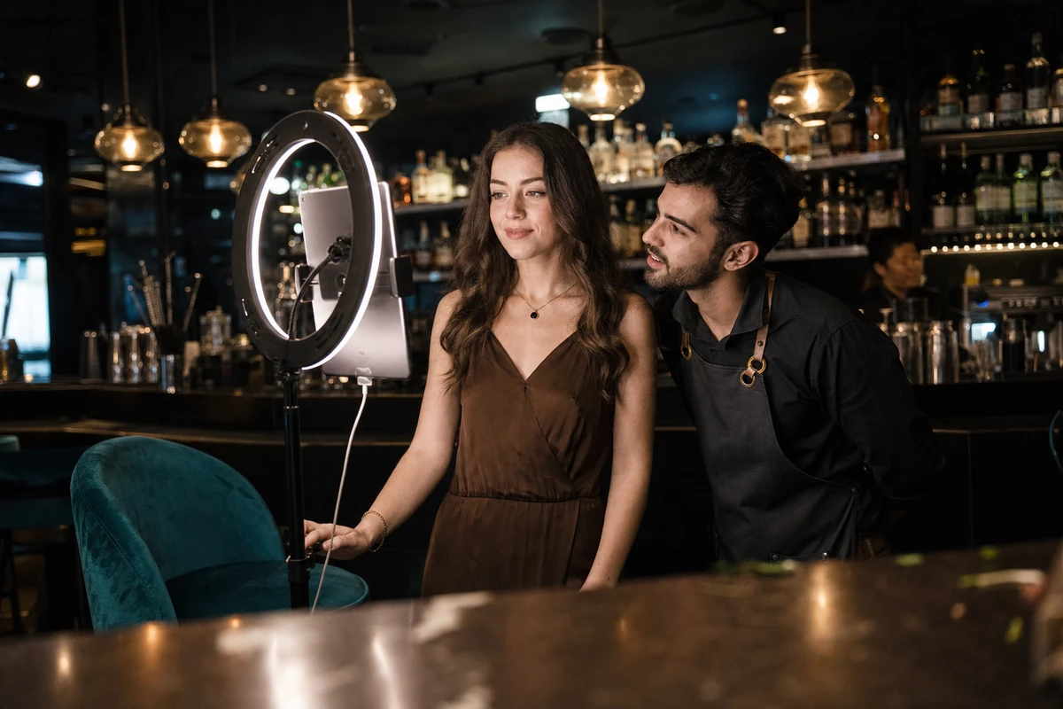 A guest at an iPad ring-light photo station in a dark cocktail bar while a staff member guides the session.
