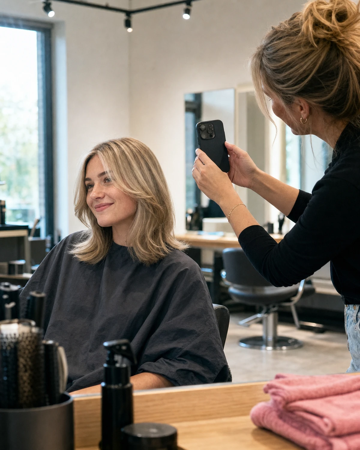 A salon stylist raising a phone to photograph a client's finished-look reveal in the mirror.