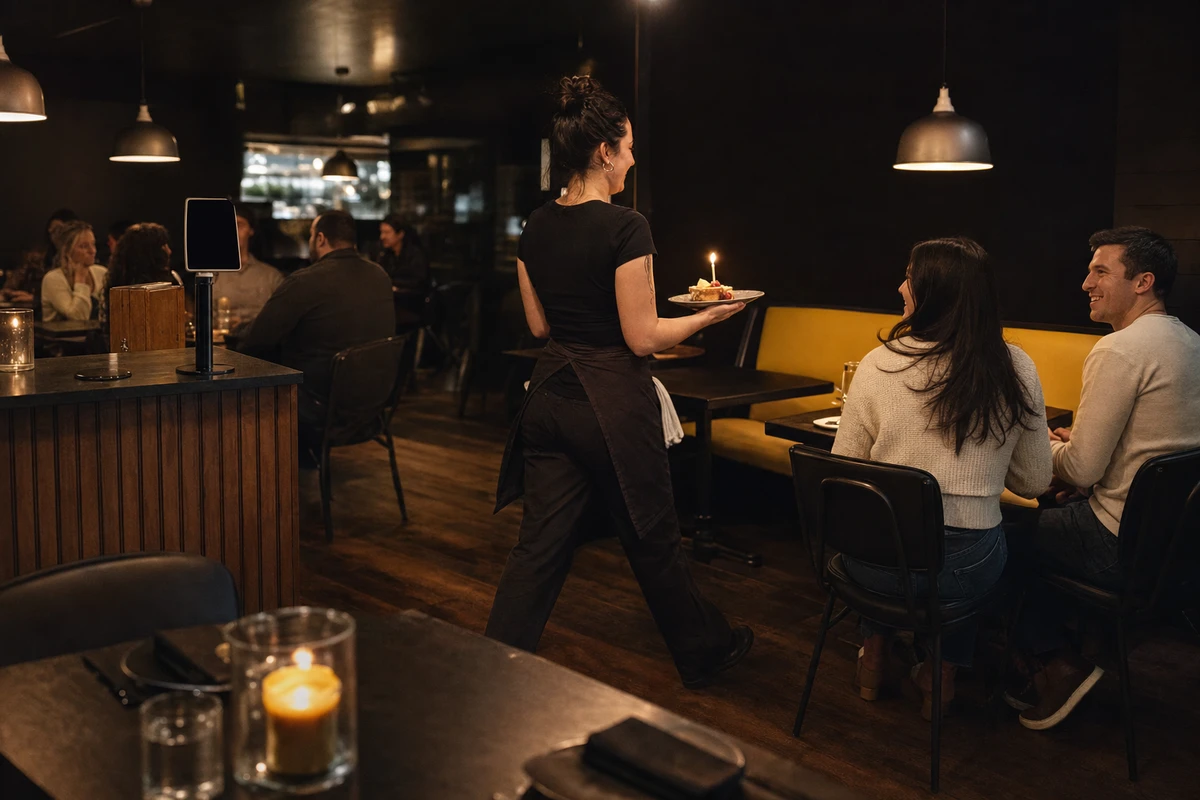 A server carrying a celebration dessert in a small restaurant with a compact tablet photo station near the host stand.