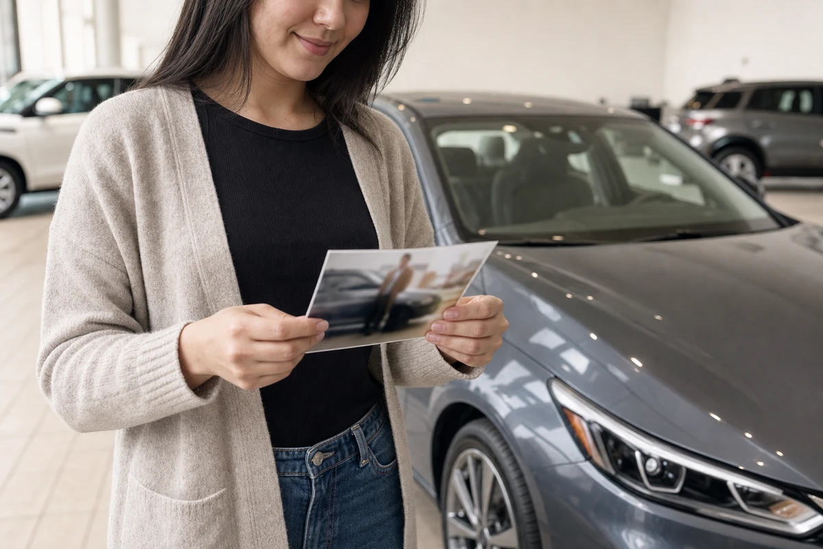 A recent car buyer stands beside their new sedan holding a freshly printed photo from the dealership's guest photo booth.