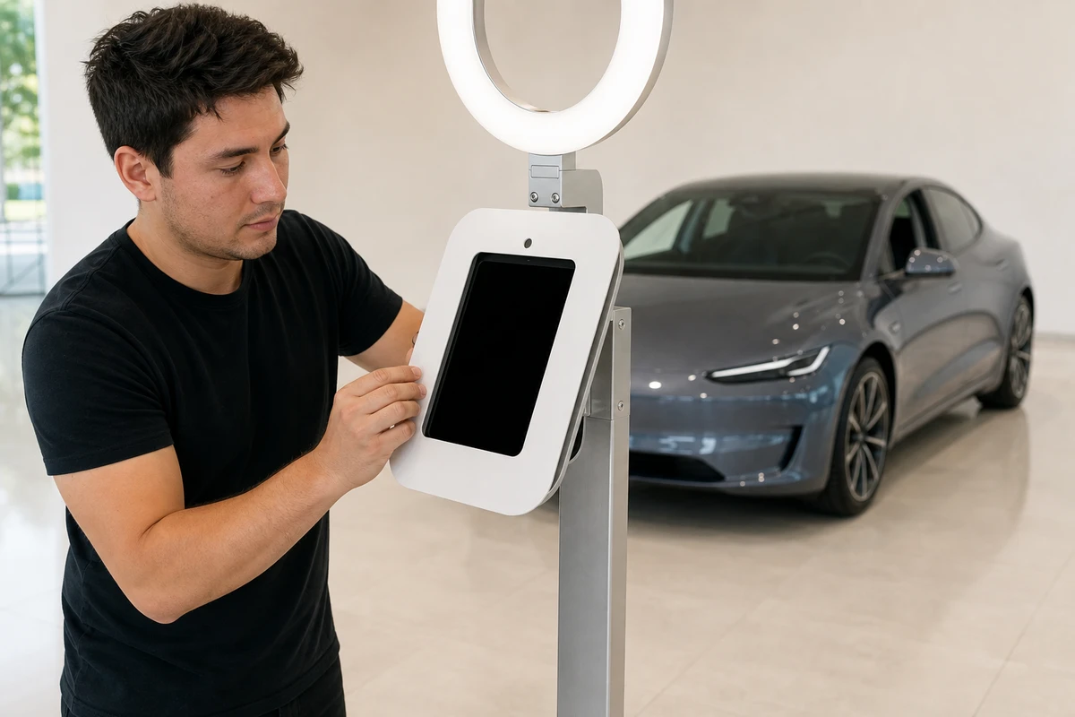 A photo-booth operator fits the tool-less faceplate onto an open-air iPad booth in a quiet corner of a dealership showroom.