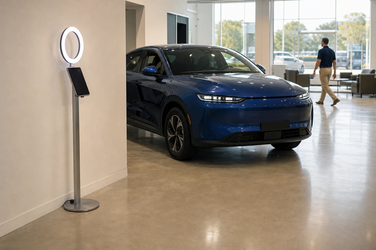 A wide view of a dealership showroom with a compact open-air photo booth standing against a feature wall in the delivery area.