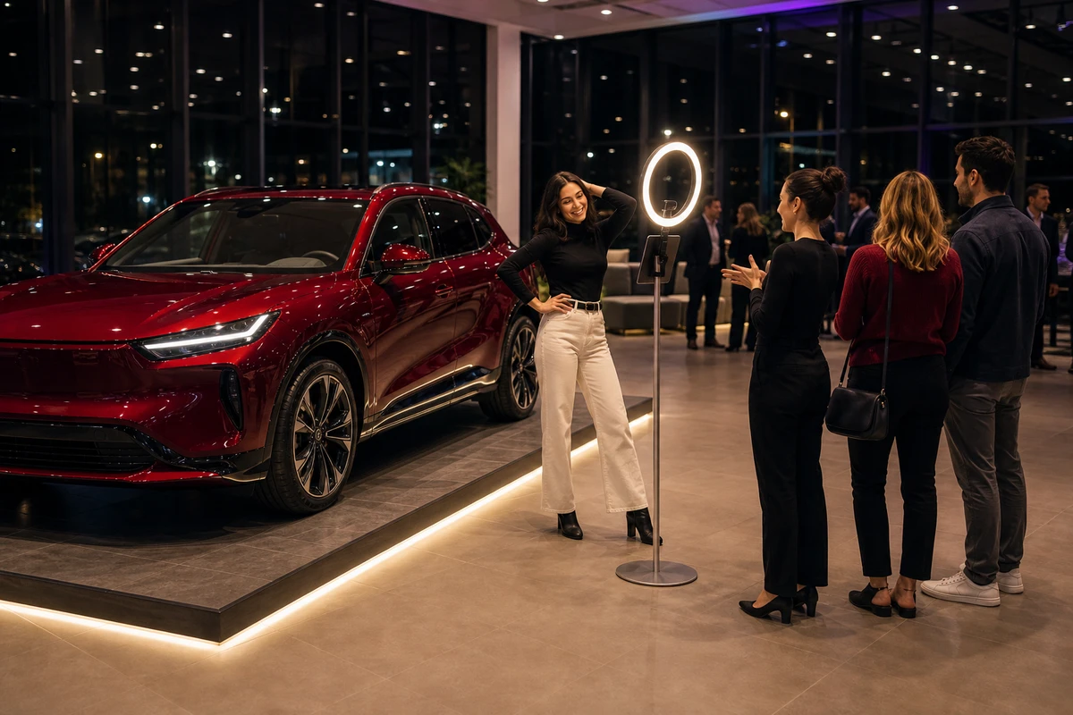 A visitor poses at an open-air photo booth set up beside a featured vehicle during an evening dealership sales event, with other guests waiting nearby.