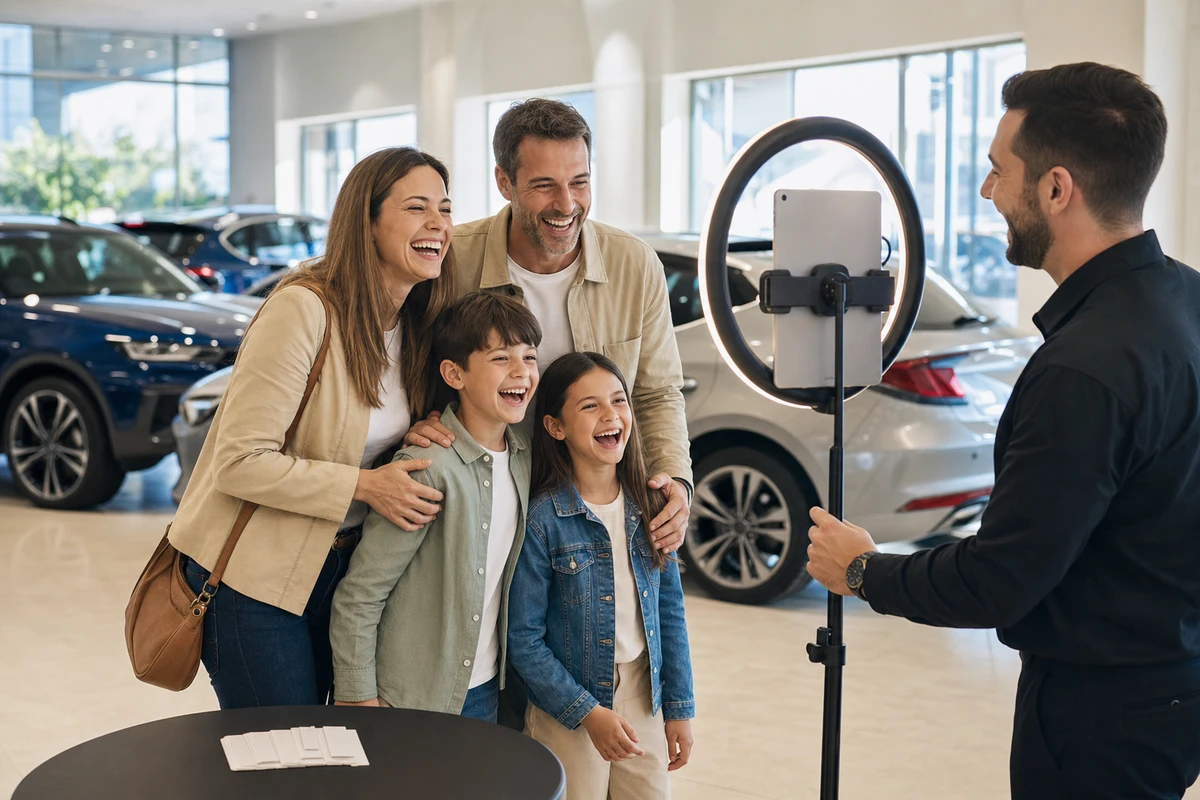 A family of four laughs while posing at a ring-light photo-booth station during a car dealership showroom event, an event staffer steadying the stand.