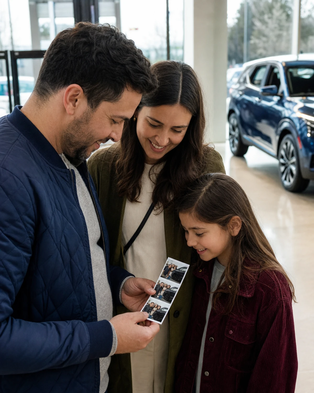 A family of three looks together at a freshly printed photo strip just inside a car dealership showroom after an event.