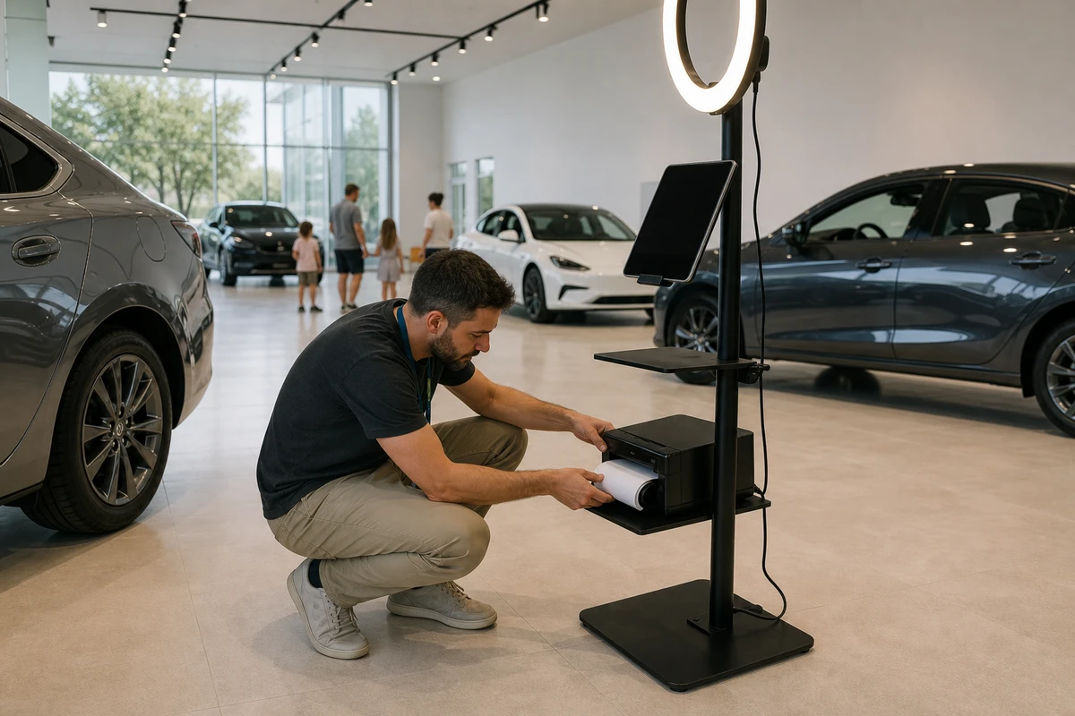 An event staffer crouches to reload print paper into a photo-booth station between sessions at a quiet car dealership showroom.