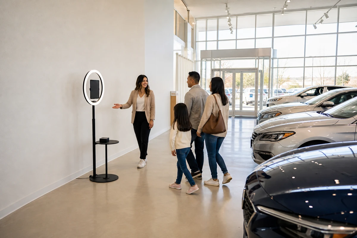 A photo-booth station on a ring-light stand placed against the entry wall of a car dealership showroom, with clear floor space and a host gesturing toward it.