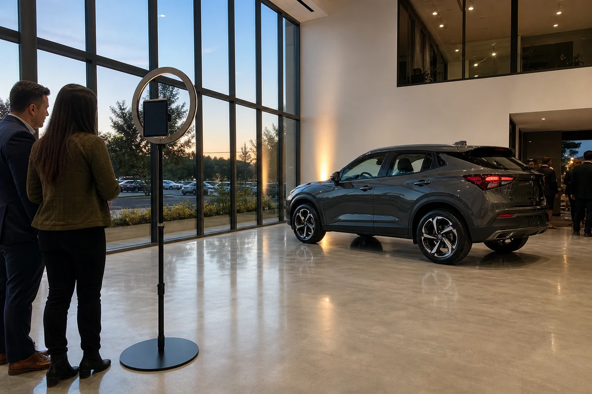 An iPad photo-booth station on a ring-light stand set along a showroom window wall with clear floor space between it and a new crossover.