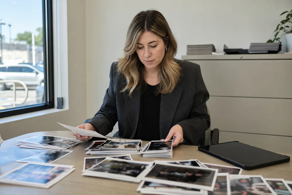A dealership marketing staffer sorts printed launch-night photographs into stacks at an office desk while preparing the event follow-up.