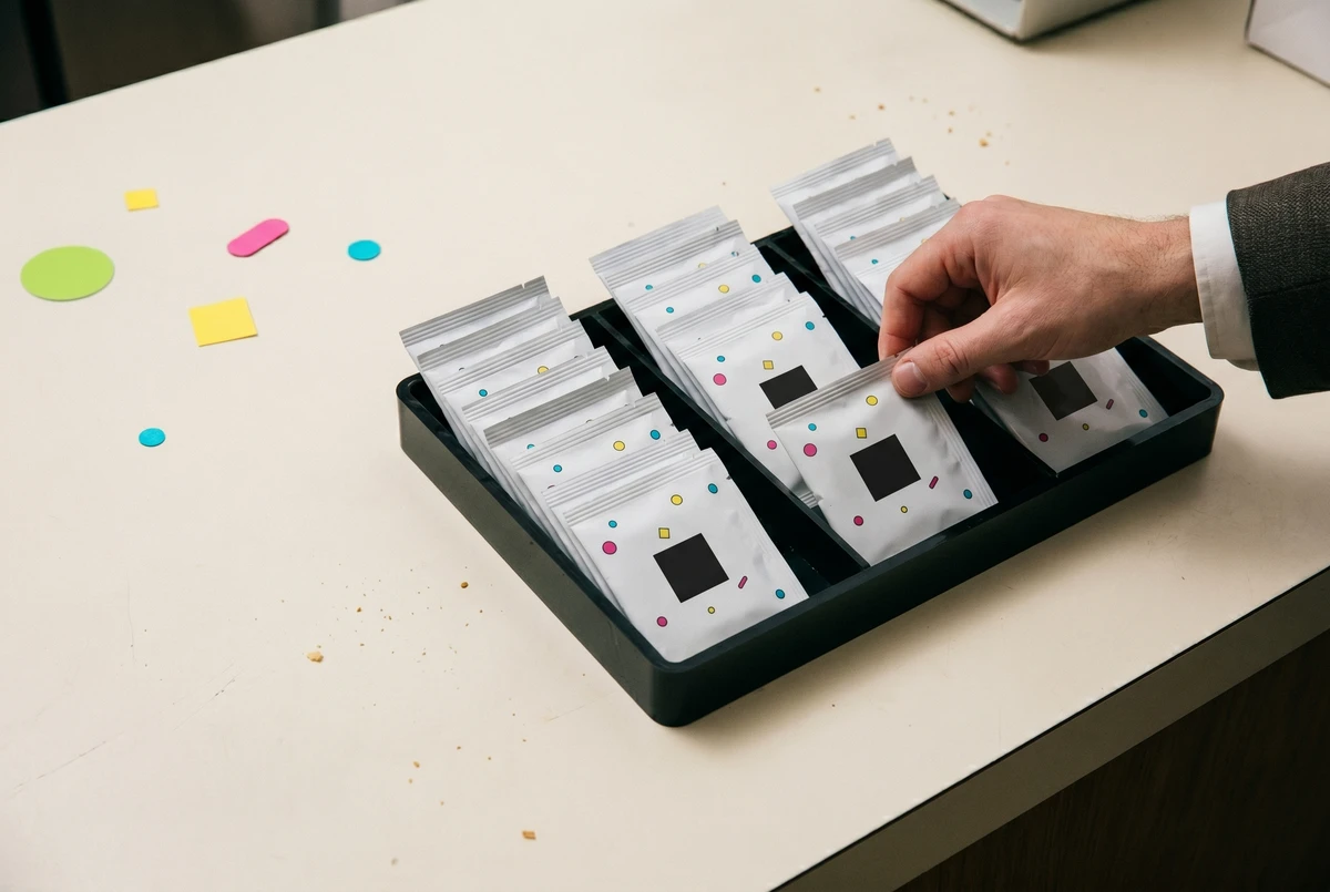 A hand lifts one sample from a row of plain paper sampling packets on a retail counter, each packet marked with a solid dark square where a QR code would sit