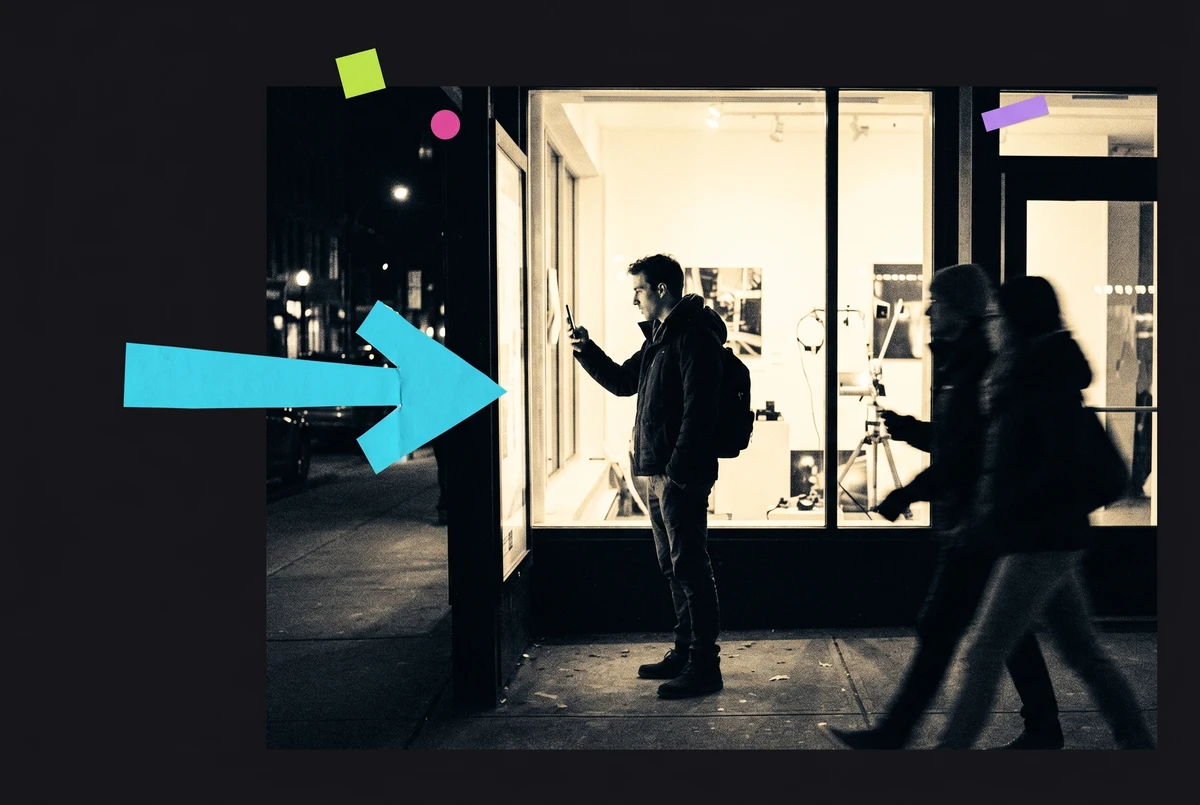 A pedestrian raises a phone to scan an illuminated storefront window installation at night, passersby moving in soft motion blur