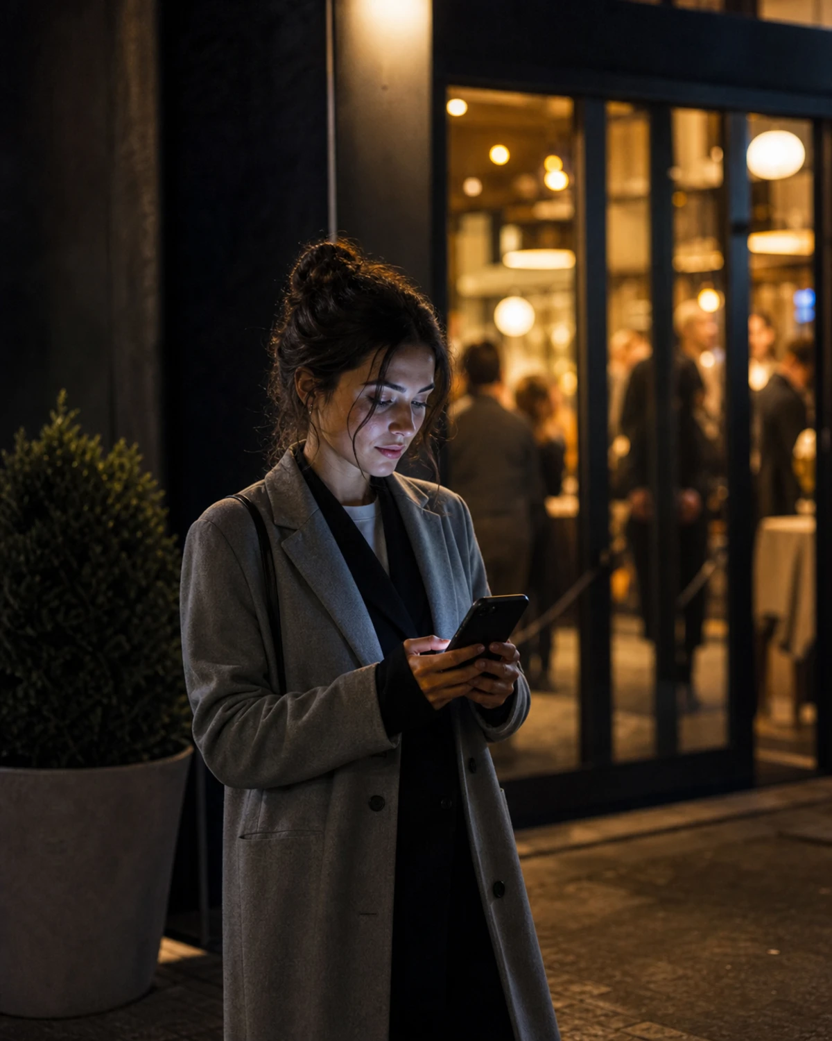 An event guest stands alone outside a venue at night, looking at a photo-delivery message on their phone, the event glowing softly behind the glass entrance.