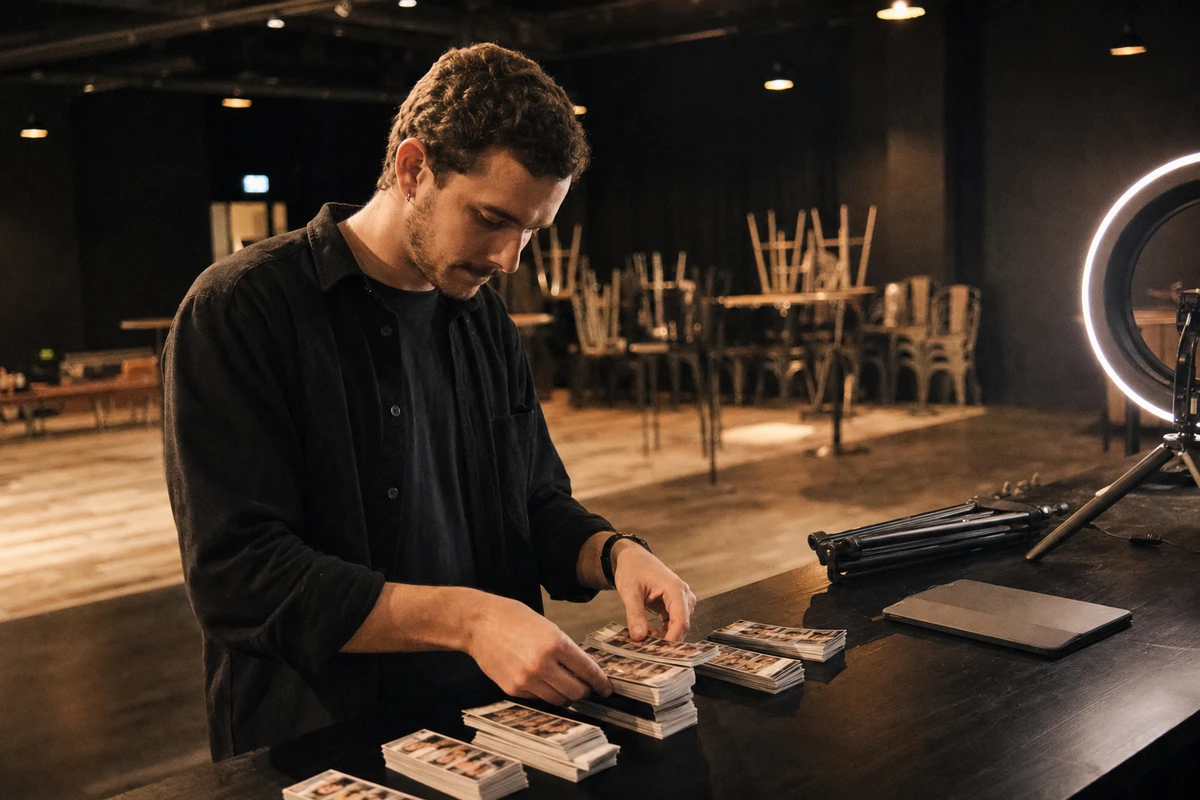 A photo-booth operator sorts the evening's printed photo strips into stacks at a side counter in a quiet venue after a corporate event has ended.