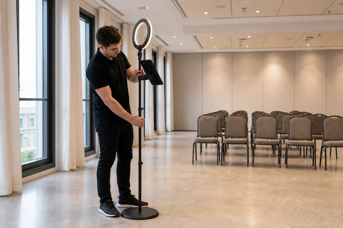 A photo-booth operator sets up and adjusts the iPad booth stand in an empty event room before the doors open.