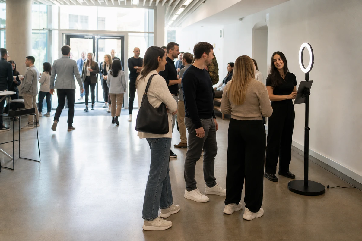 A staffed photo-booth station set against a wall near the entrance of a spacious corporate open-house venue, a brand ambassador managing a short line of guests.