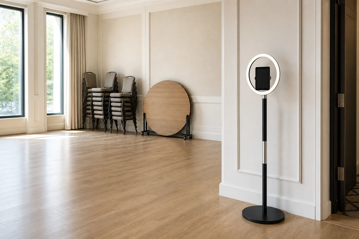 A self-serve photo booth installed as a permanent amenity against a cream wall in a quiet, empty hotel event room.