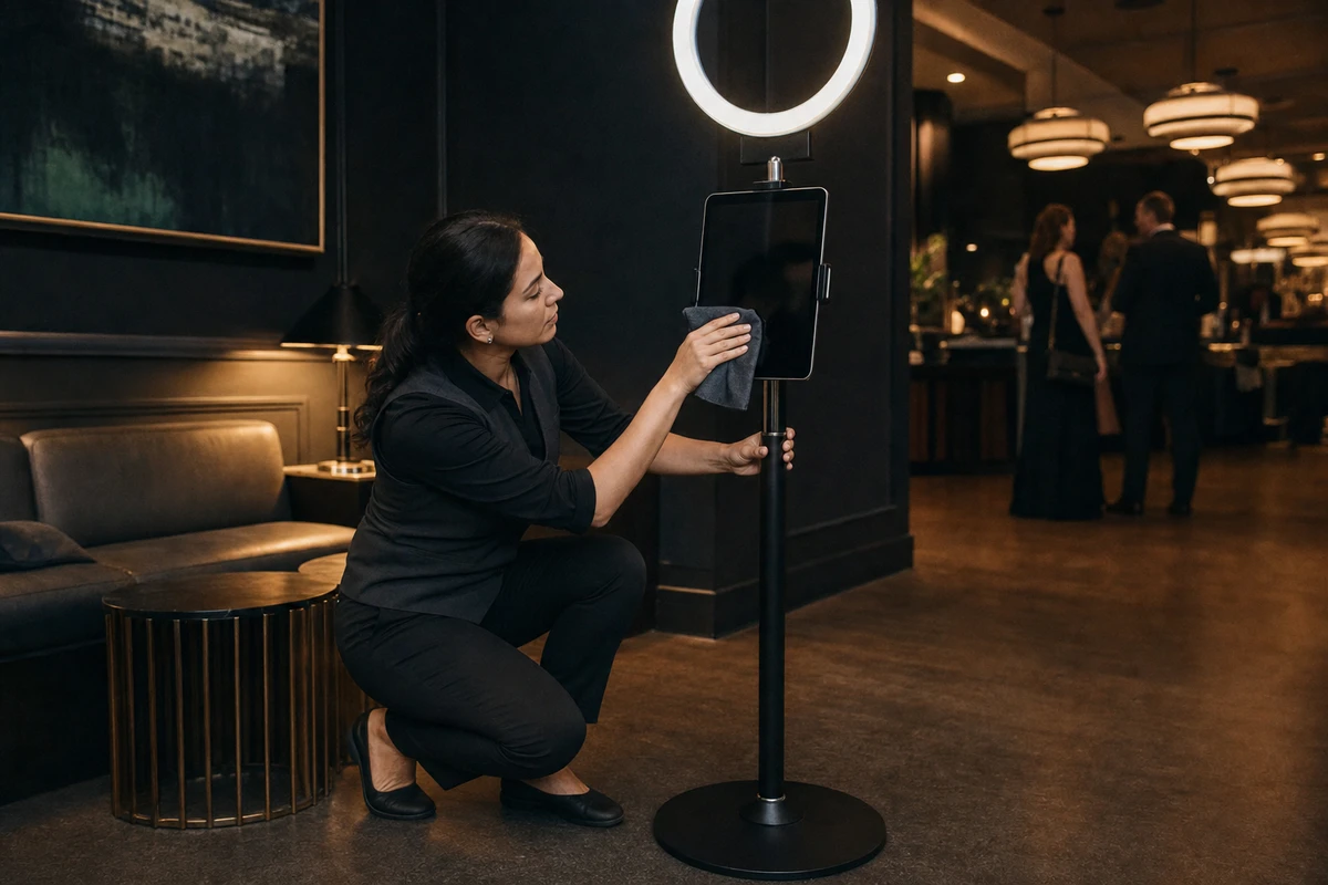 A venue event staffer crouching to wipe down and reset a self-serve photo booth between guest sessions.