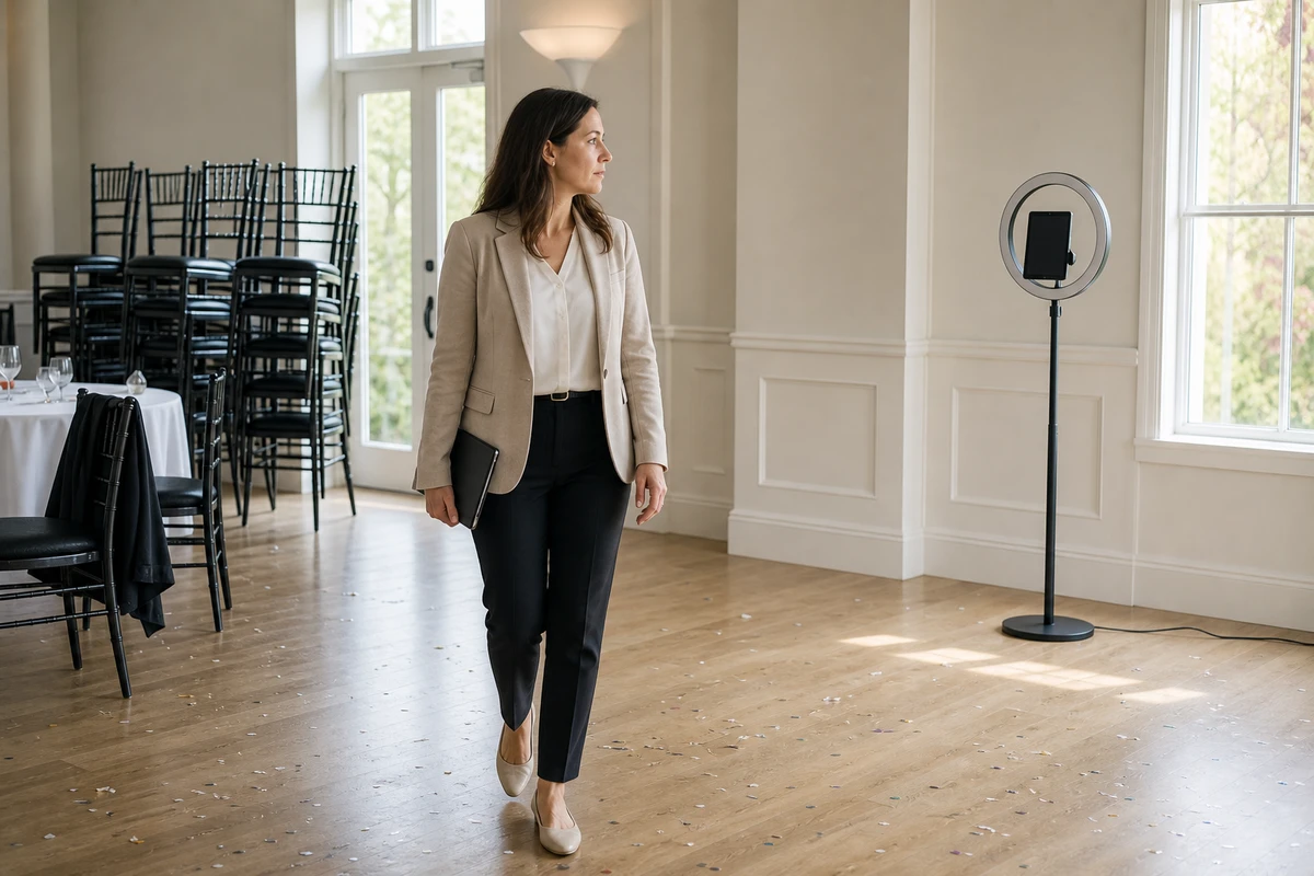A venue manager walking through an event room the morning after a party, reviewing the space with the photo booth powered down in the corner.