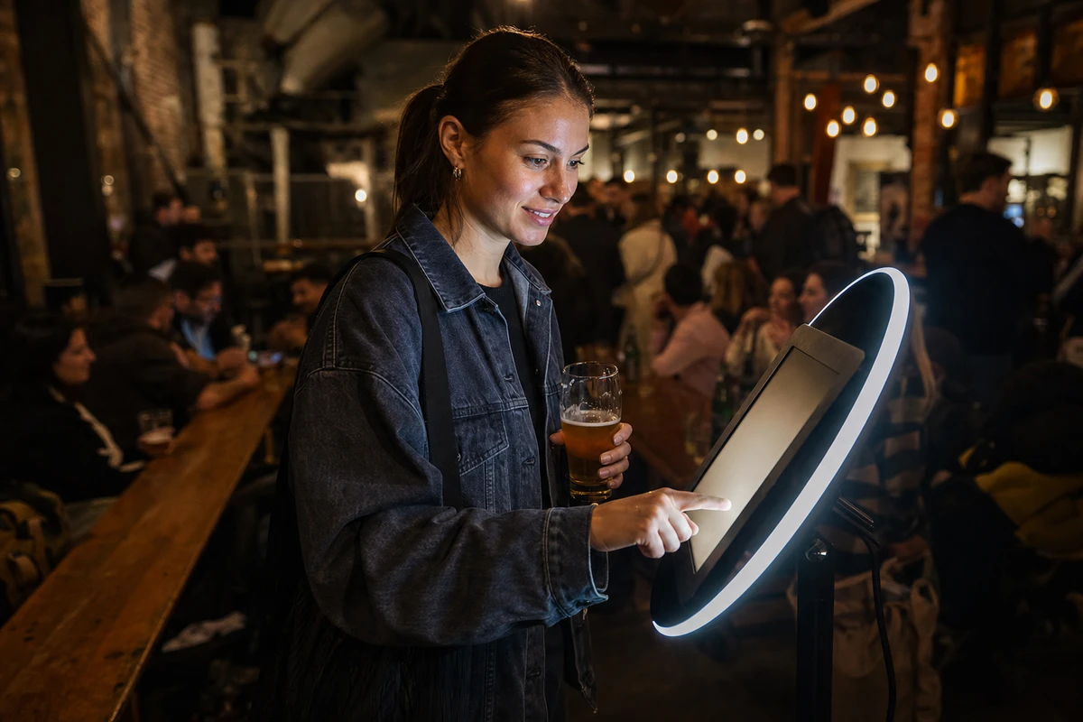 A taproom guest taps the screen of an open-air iPad photo booth to send herself the photo, the screen angled away and showing only a glow.