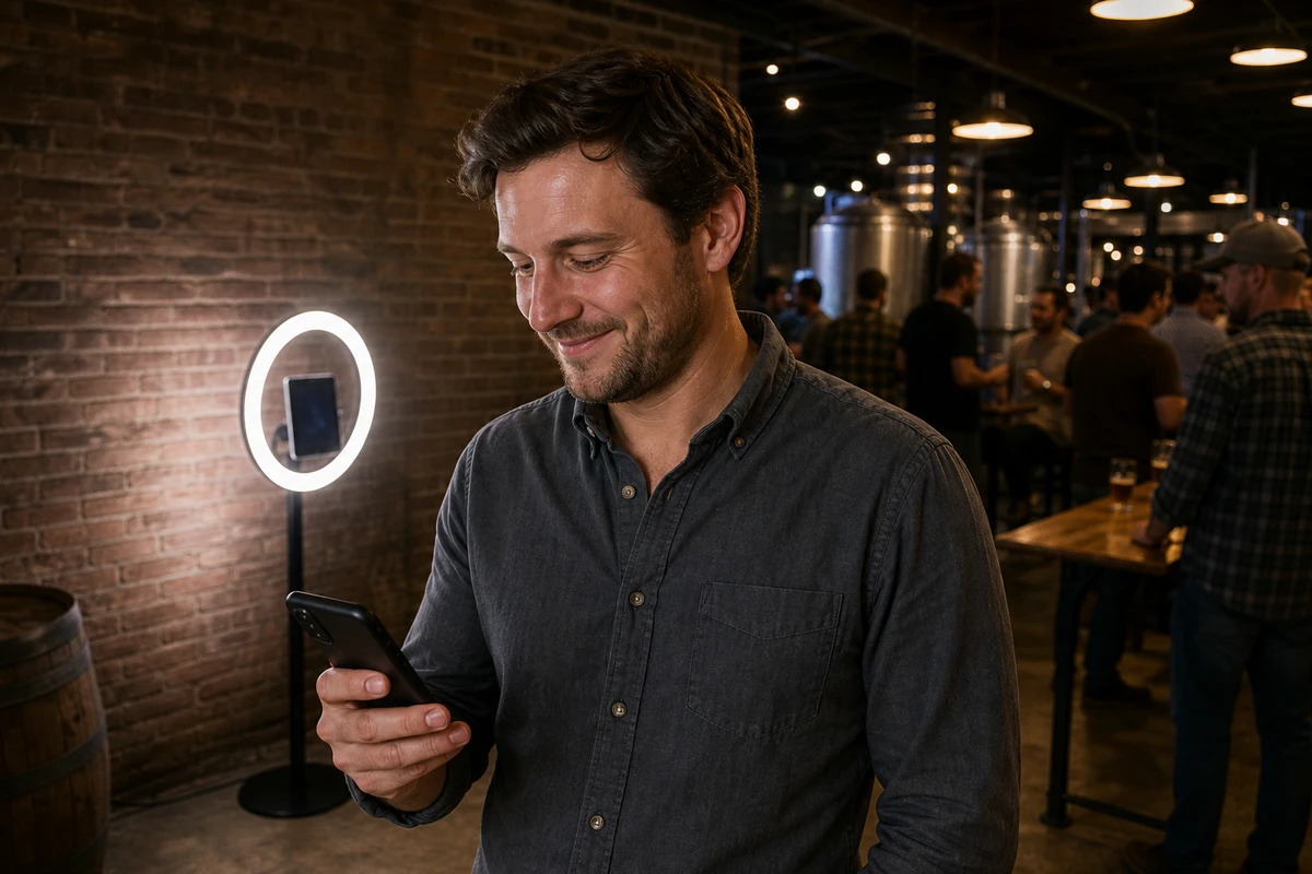 A taproom guest checks the photo just delivered to his phone after a photo booth session, the booth glowing on its stand behind him.