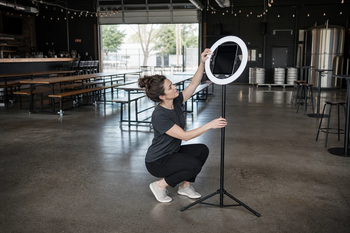 A venue manager adjusts the ring light of an iPad photo booth in an empty brewery taproom in the afternoon, setting up before doors open.