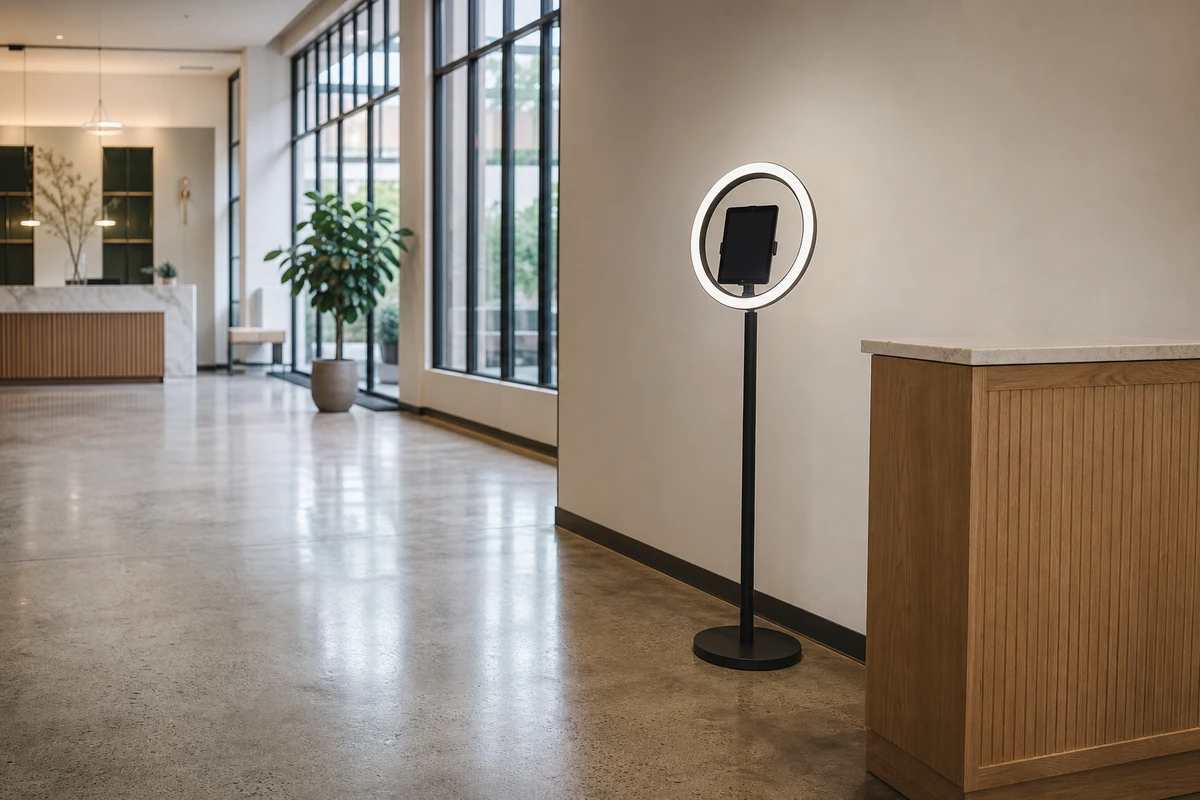 A photo booth on a ring-light stand installed against a wall in a quiet hotel lobby, with open floor space around it.