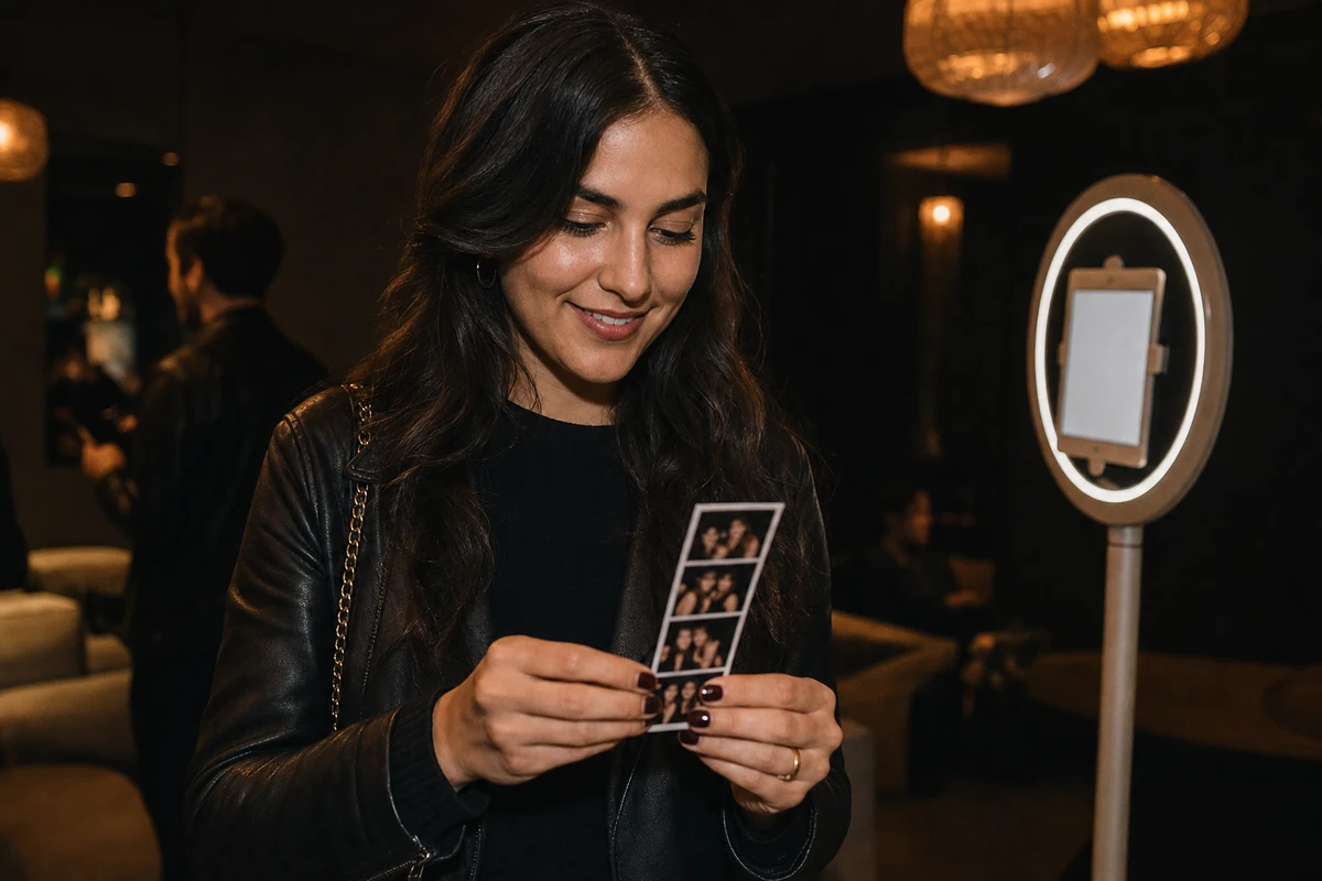 A guest holding a freshly printed photo strip and looking at it near a photo booth in a hotel lounge.