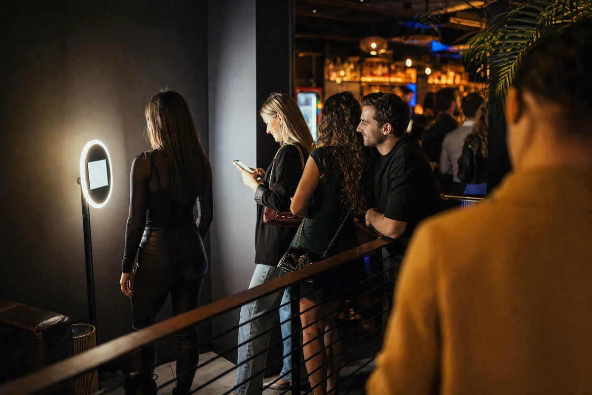 Guests waiting in a relaxed line to use a permanently installed photo booth in a busy cocktail bar.