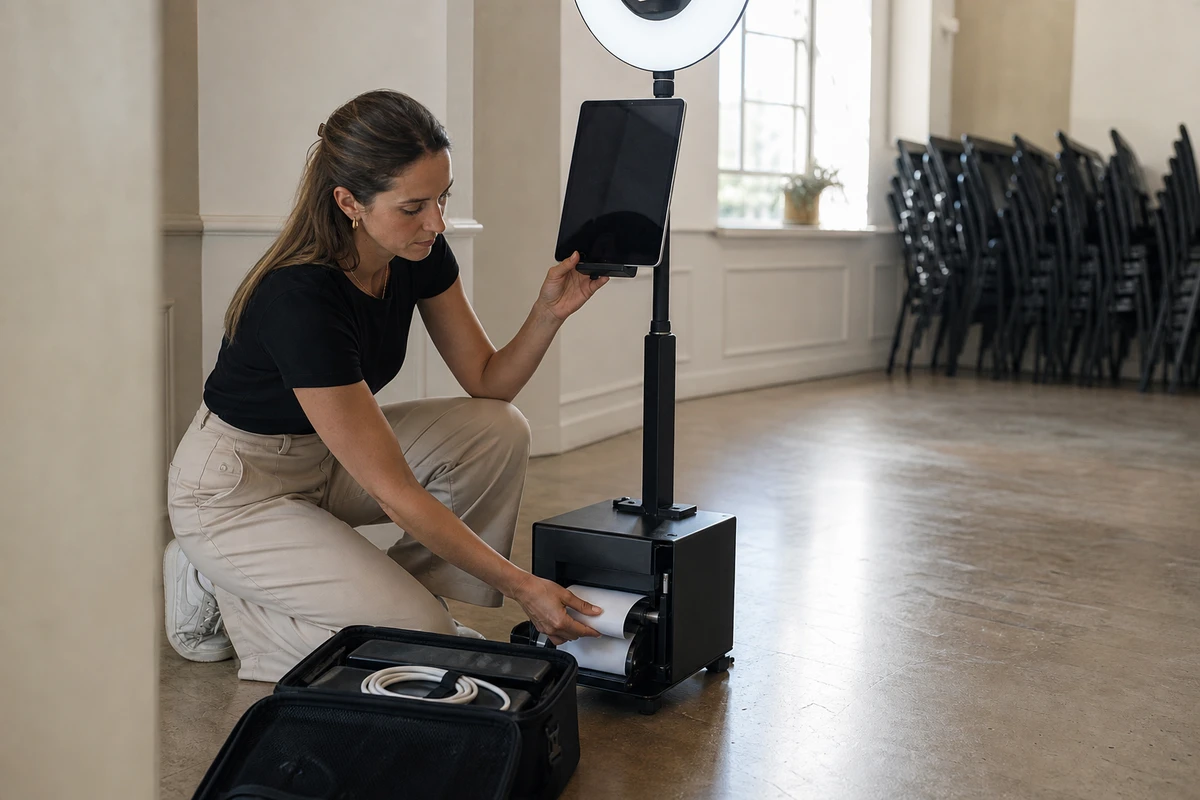 A venue manager crouching beside a photo booth to load printer paper and reset the equipment before service.