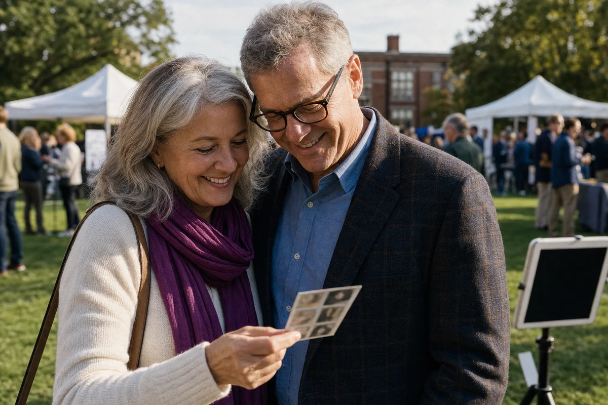 Two alumni look together at a freshly printed photo strip at a campus homecoming gathering on a sunlit lawn.