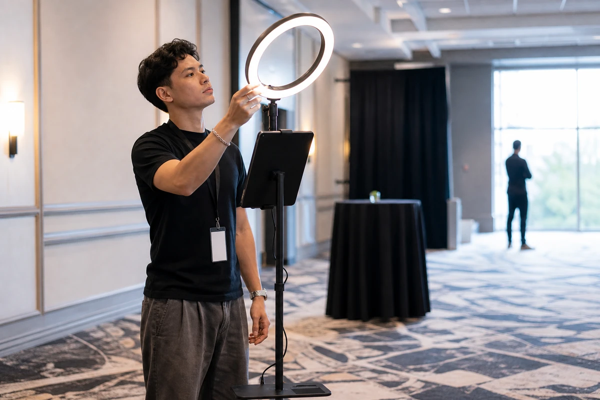 A campus event staffer adjusts the ring light and iPad of a photo station between sessions in a quiet event room.