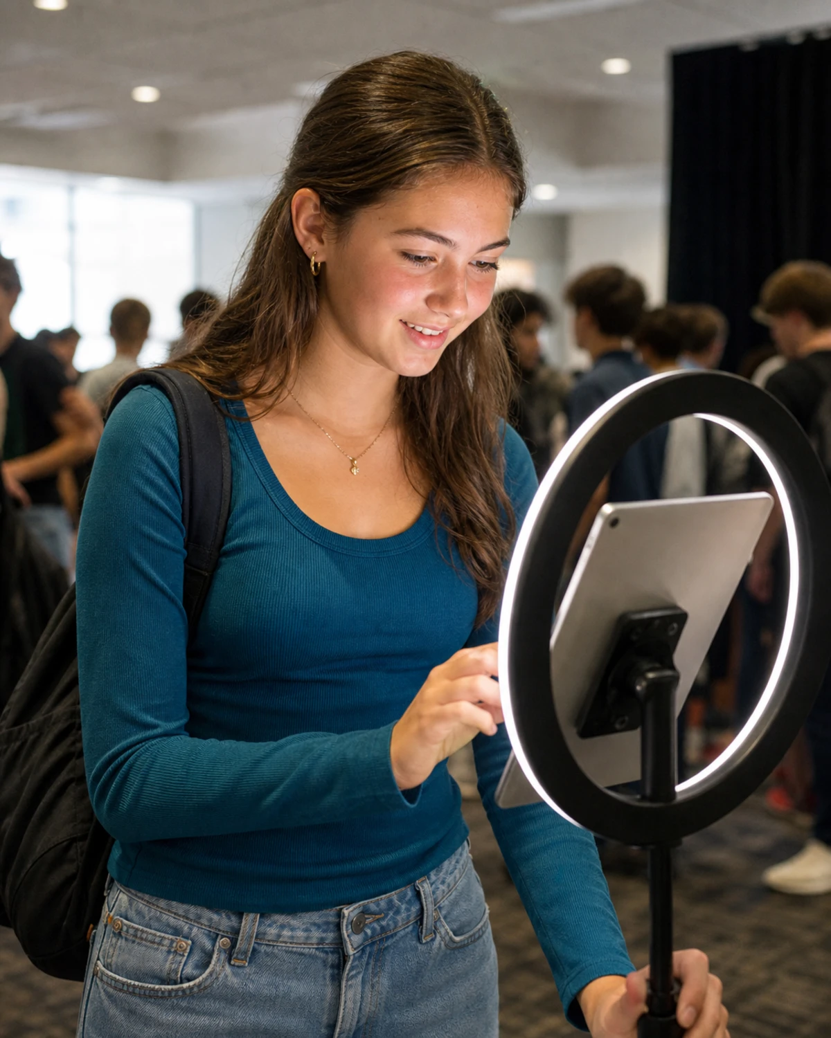A high-school-age prospective student leans toward an iPad photo station to enter her contact details and receive her photo in a campus event room.