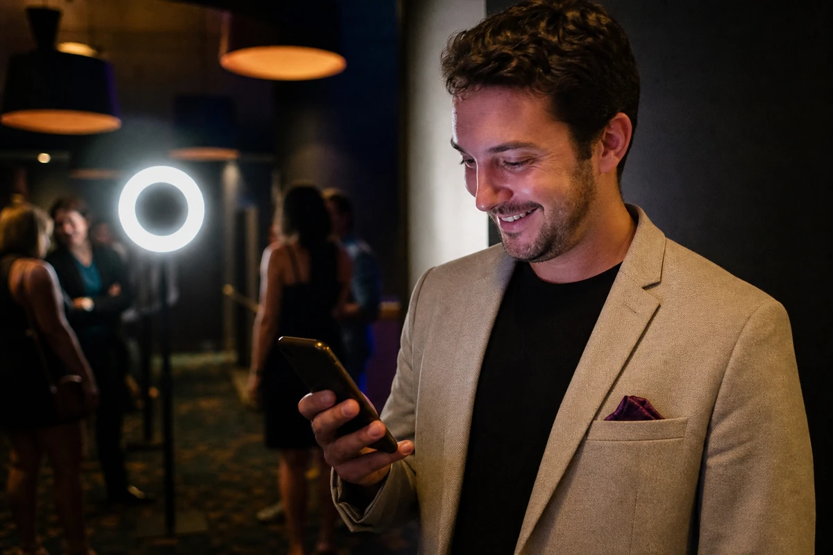 A casino guest stands just past a photo booth, smiling at the photo that has just arrived on their phone.