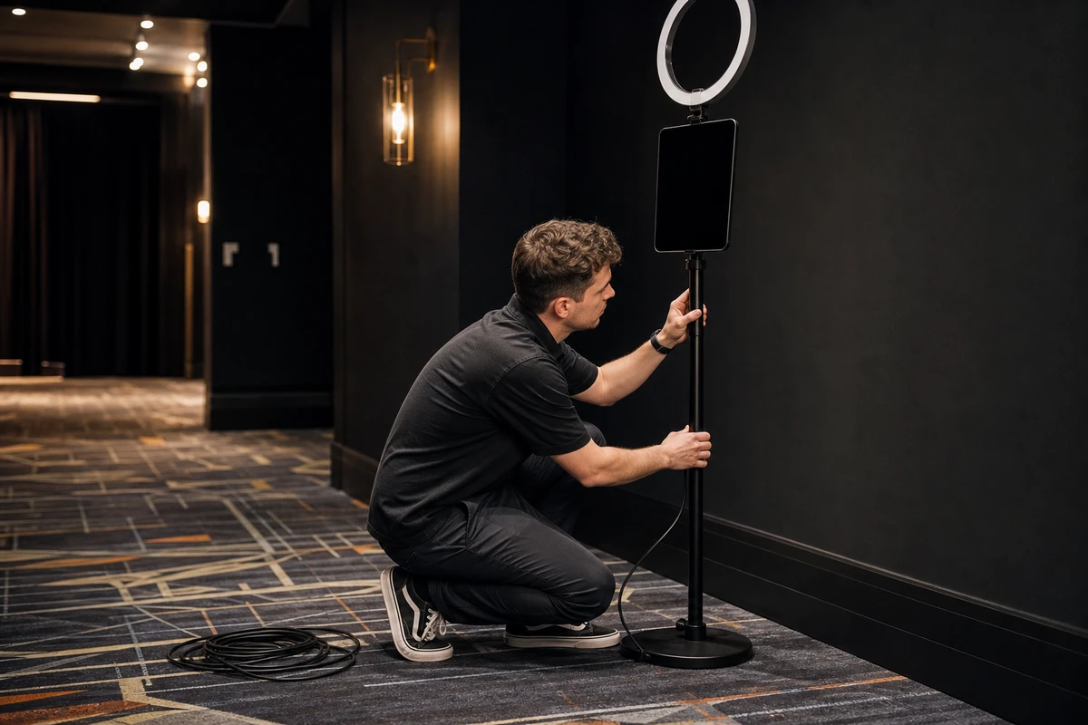A photo-booth operator crouches beside an open-air booth in a quiet casino zone, adjusting the ring-light stand before guests arrive.