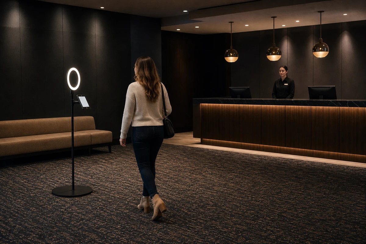 An open-air photo booth stands on open floor space a few steps from a casino's players club rewards enrollment desk, where a uniformed host waits.
