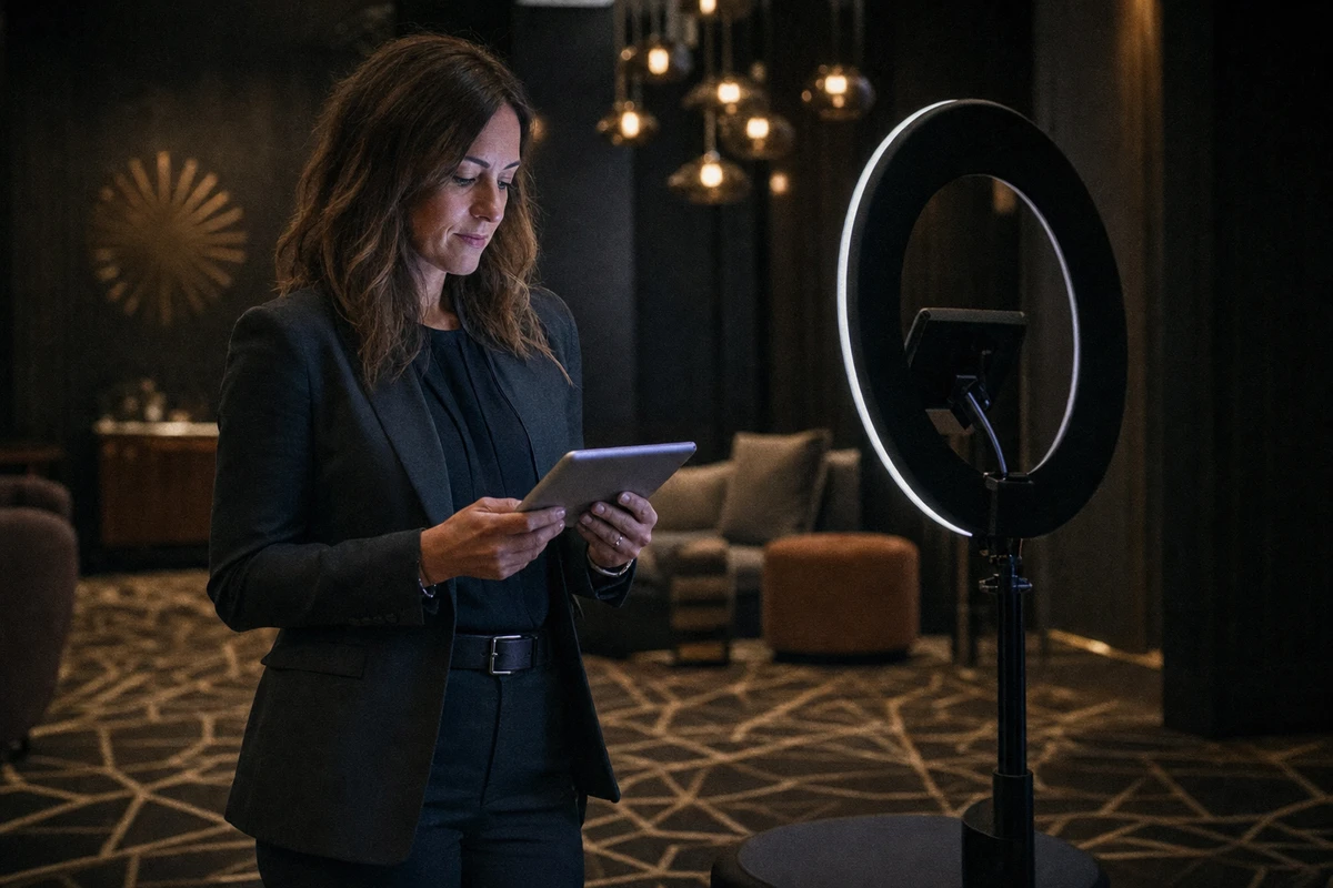 A casino marketing staffer stands beside the photo booth, reviewing session numbers on a tablet during a quiet off-peak window.