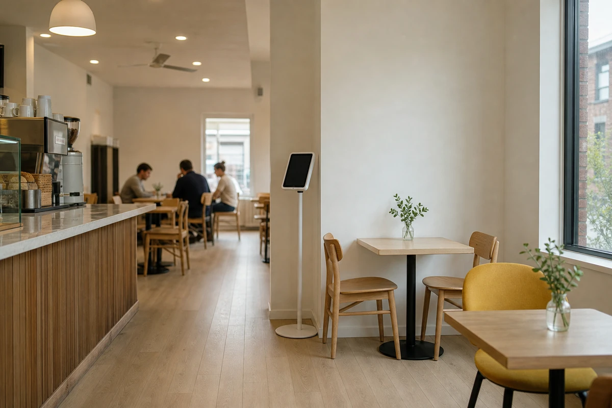 A slim tablet photo booth standing against a corner wall of a small coffee shop with open floor space and unobstructed two-top tables around it