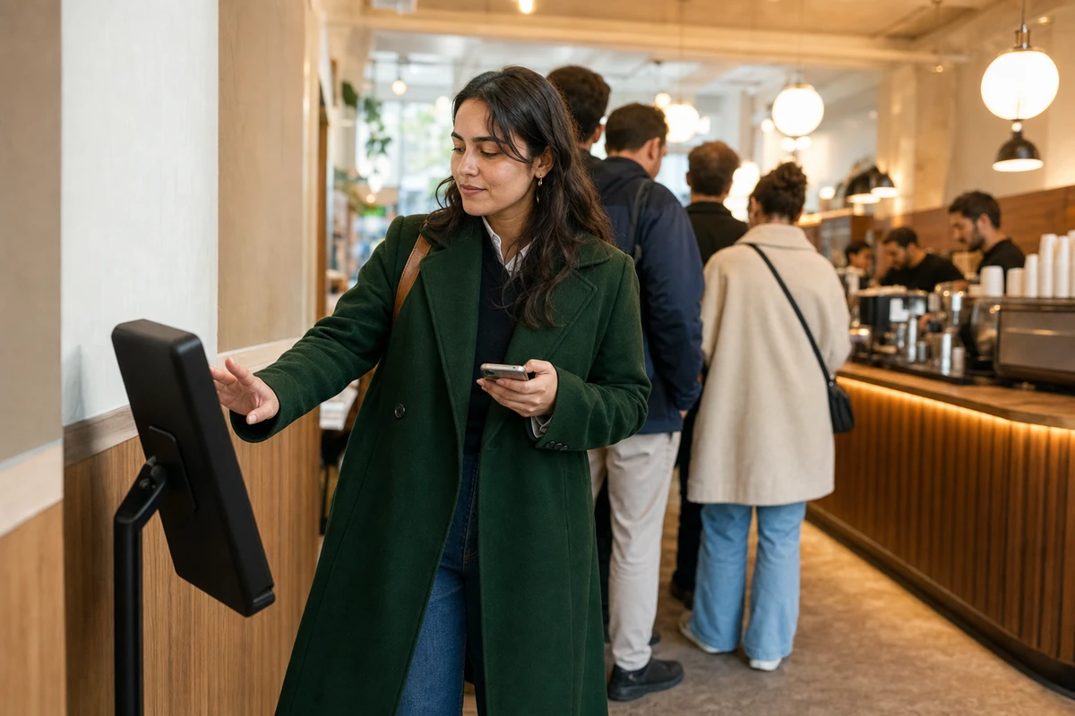 A customer waiting in the order line of a busy cafe stepping aside to start a session at a photo booth placed next to the queue