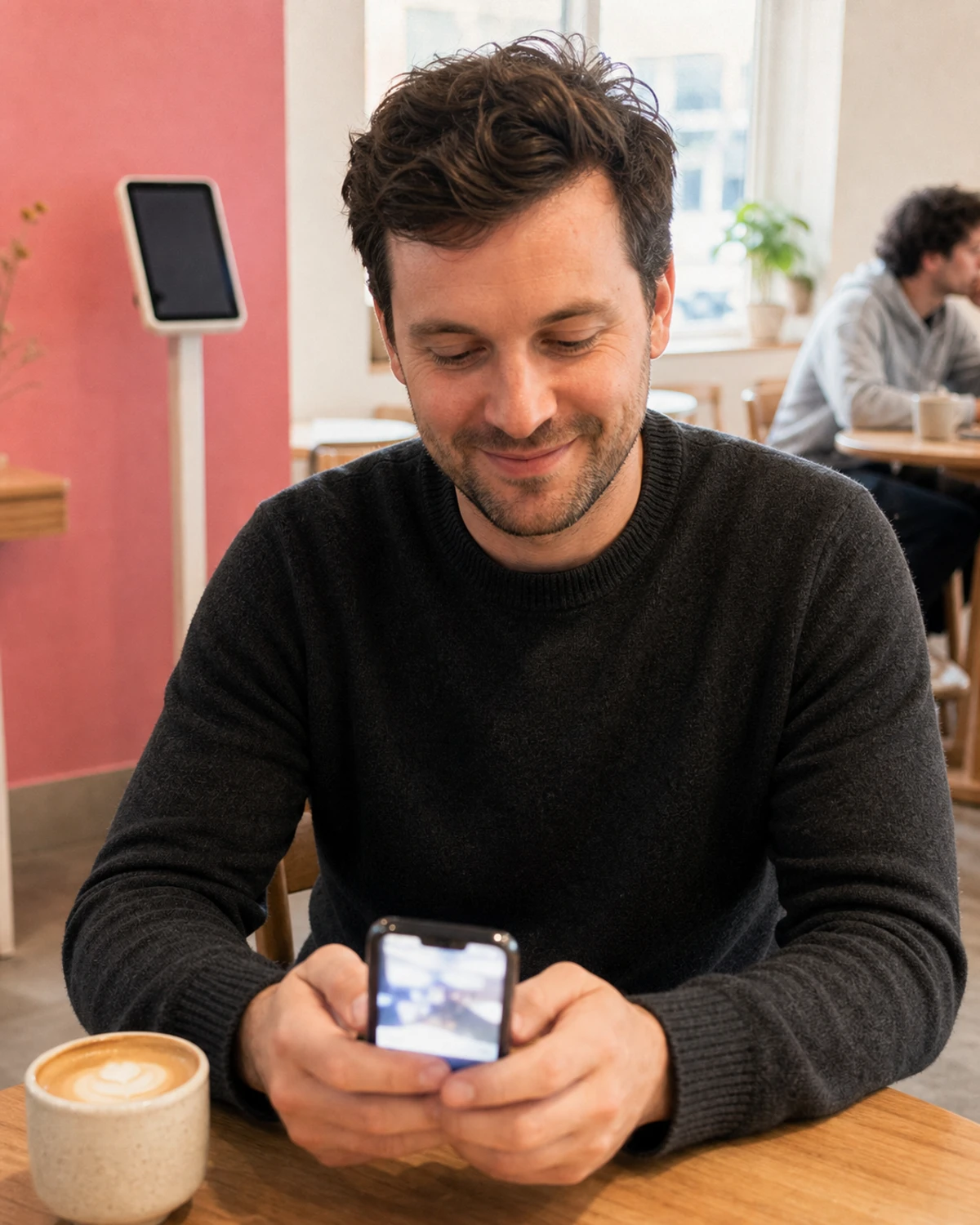 A seated cafe customer smiling at his phone after receiving a photo delivered by the coffee shop's photo booth