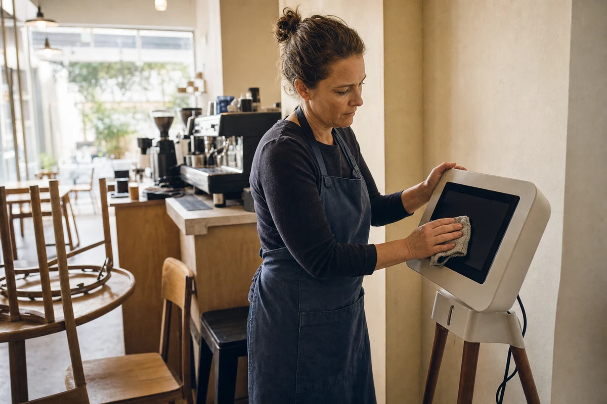 A coffee shop owner in an apron wiping the tablet of a photo booth during a quick daily check before the cafe opens