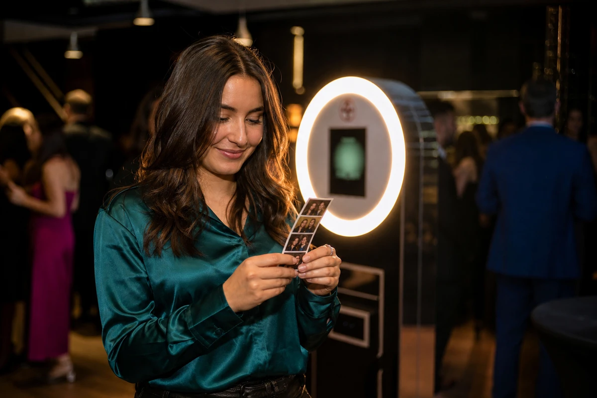 An event guest holding a freshly printed photo strip a few steps from a commercial photo booth glowing softly in a dark venue.