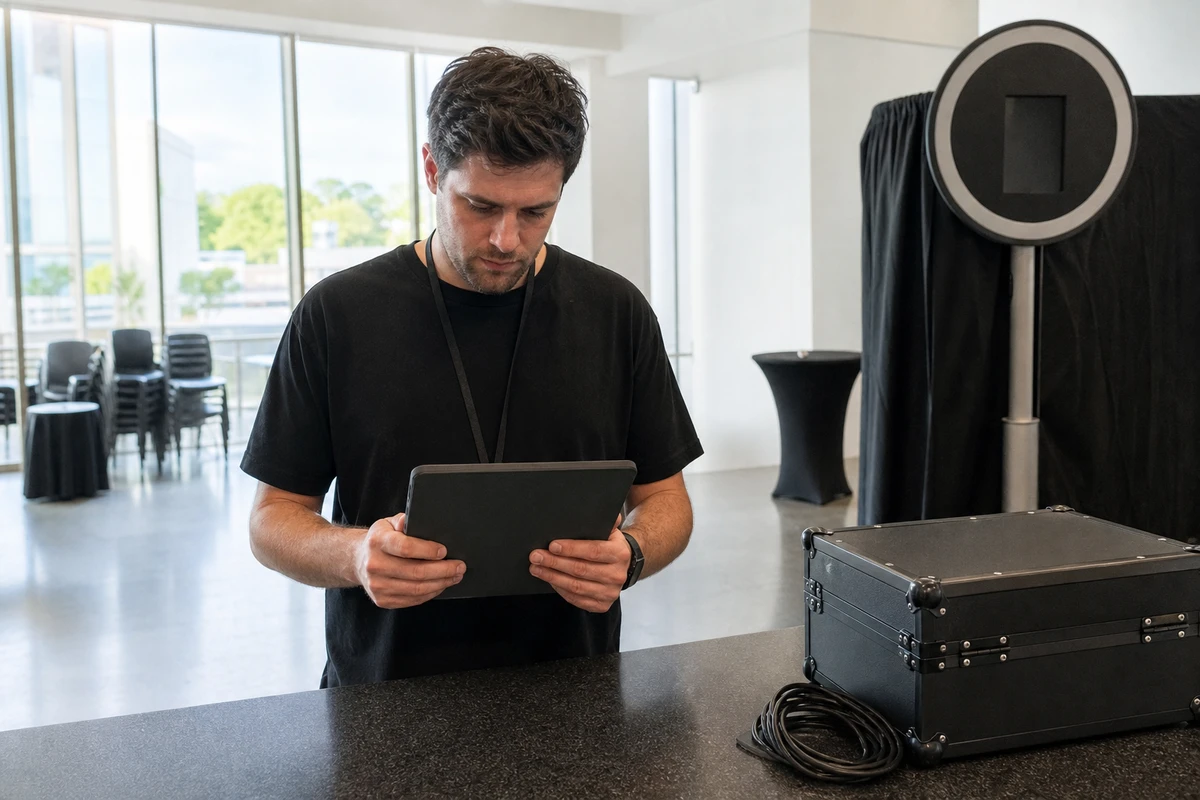 A photo-booth operator reviewing event results on a tablet held with its screen hidden, as a daytime corporate activation winds down in a bright event room.