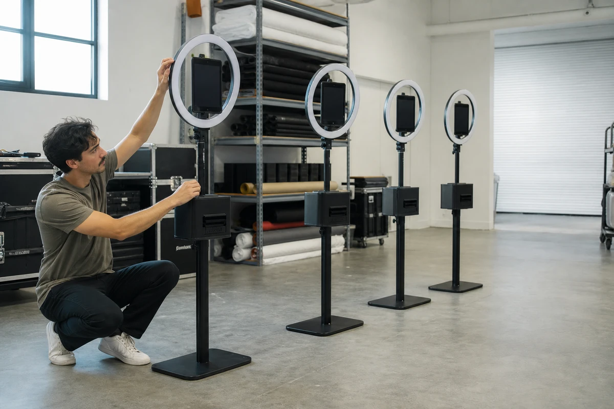 A photo-booth rental operator crouching to prepare one of four identical open-air iPad booth kits lined up in a back-of-house staging room.