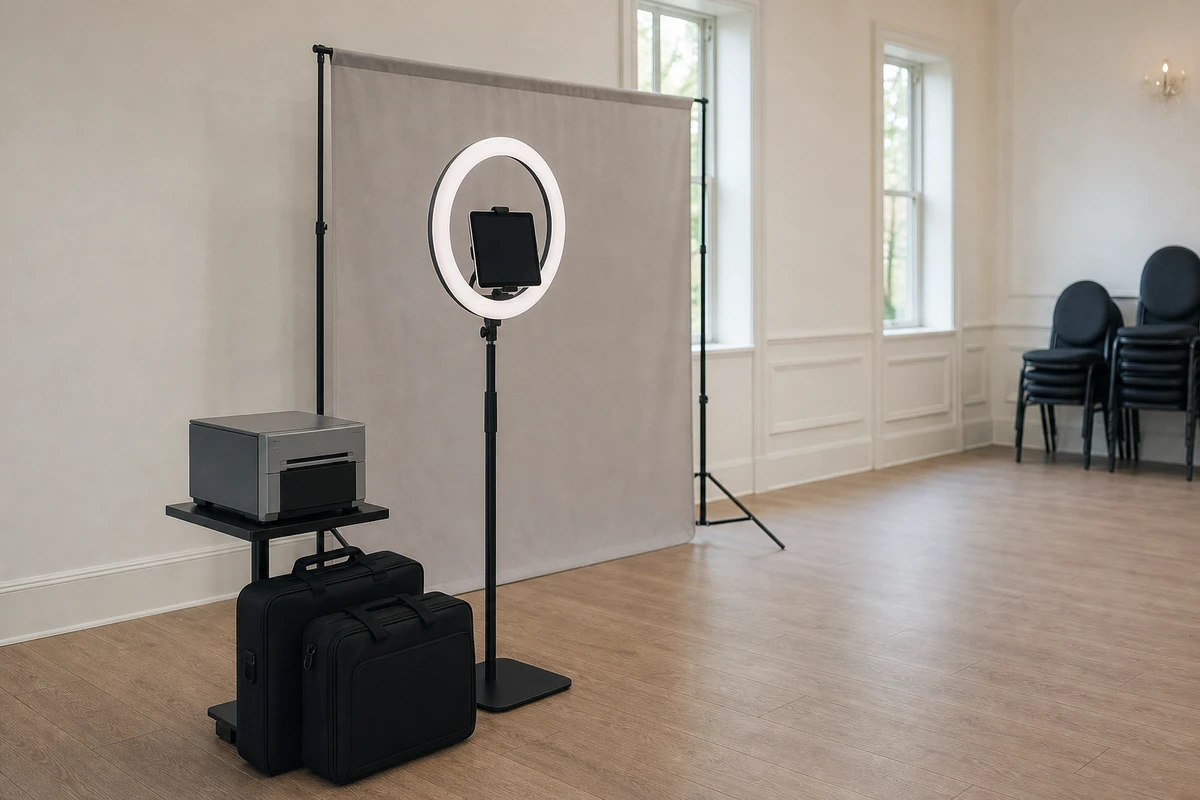 A complete commercial photo-booth kit set up in an empty cream-walled event room, showing the iPad stand, ring light, dye-sub printer, fabric backdrop, and travel cases with open floor space around it.