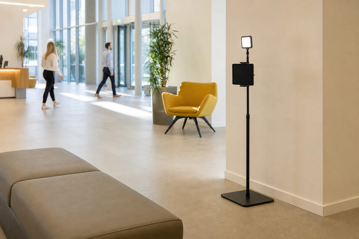 An open-air photo booth standing unattended in a sunlit corporate office lobby with clear floor space, illustrating a small always-available footprint.