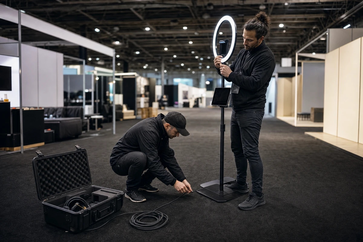 Two photo-booth operators in dark staff clothing setting up and adjusting an open-air booth on a trade-show floor before doors open.
